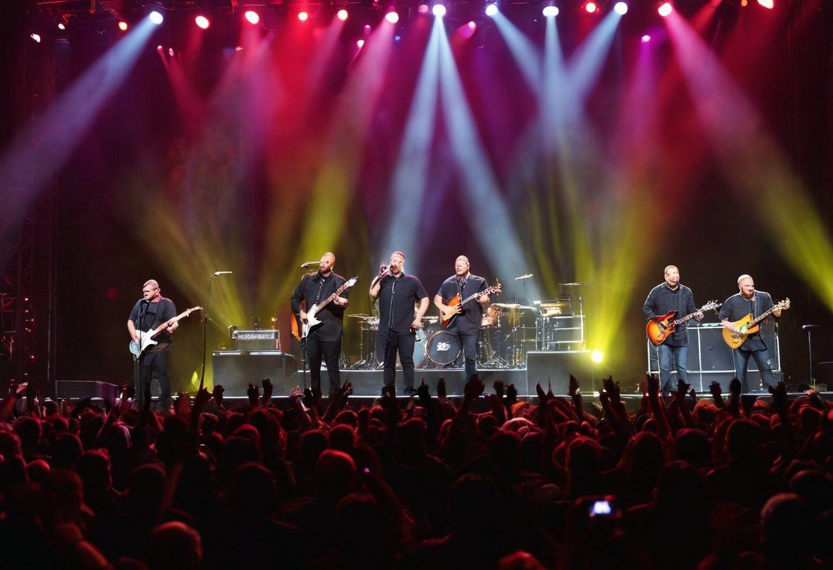 A dynamic concert scene featuring MercyMe on stage, surrounded by bright, uplifting lights and an enthusiastic audience with hands raised in worship. The atmosphere should exude joy and inspiration, showcasing diverse individuals in moments of connection and faith. Include instruments like guitars and keyboards, along with glowing visuals of spiritual symbols in the background. vibrant colors. super-realistic.