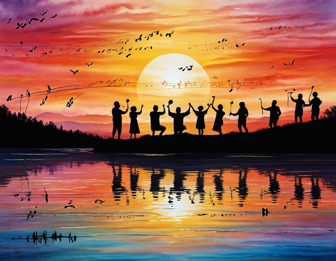 A serene landscape featuring a sunrise over a peaceful lake, symbolizing hope and transformation. Overlay silhouettes of a diverse group of people joyfully listening to music, with musical notes swirling around them, representing the uplifting power of faith. Incorporate soft, vibrant colors to evoke a sense of inspiration and tranquility. painting. vibrant colors.